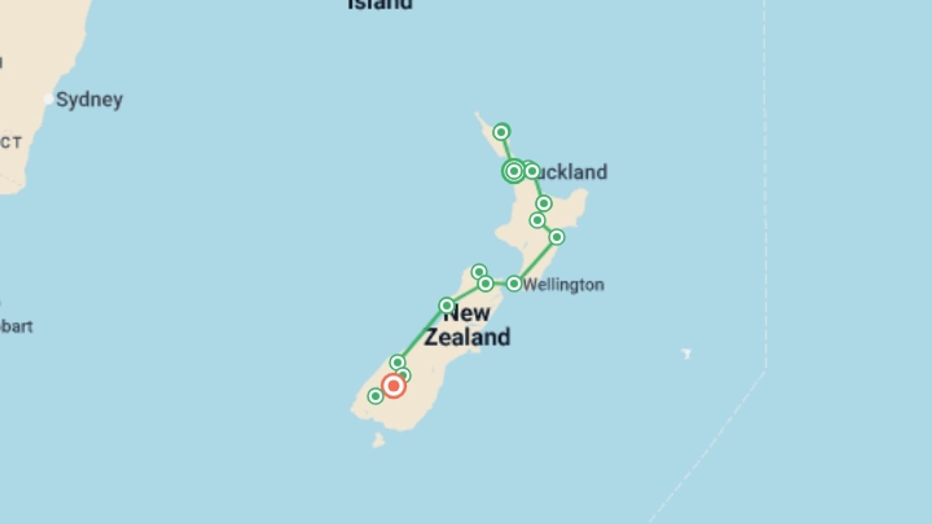A map showing the tour itinerary for the trip: New Zealand Wonders - 19 days, starting in Auckland, New Zealand and ending in Queenstown, New Zealand going through 10 other destinations.