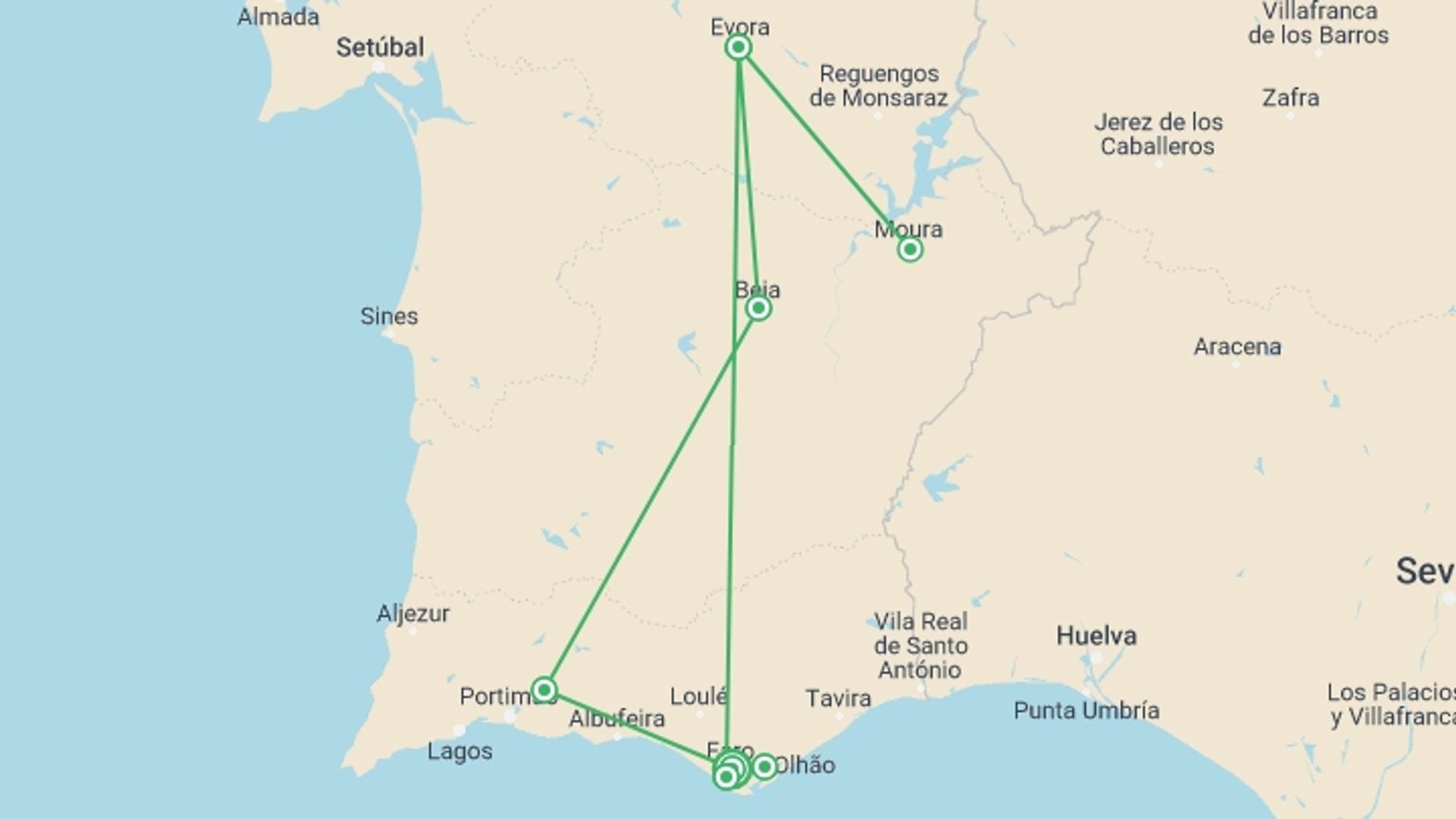 A map showing the tour itinerary for the trip: Discovering Algarve And Alentejo, Self-drive, starting in Faro, Portugal and ending in Faro, Portugal going through 5 other destinations.