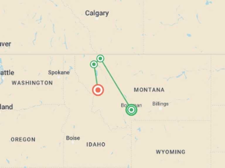 Map itinerary of USA Tour in July 2027 with 4 destination visits for the trip: Best of Montana