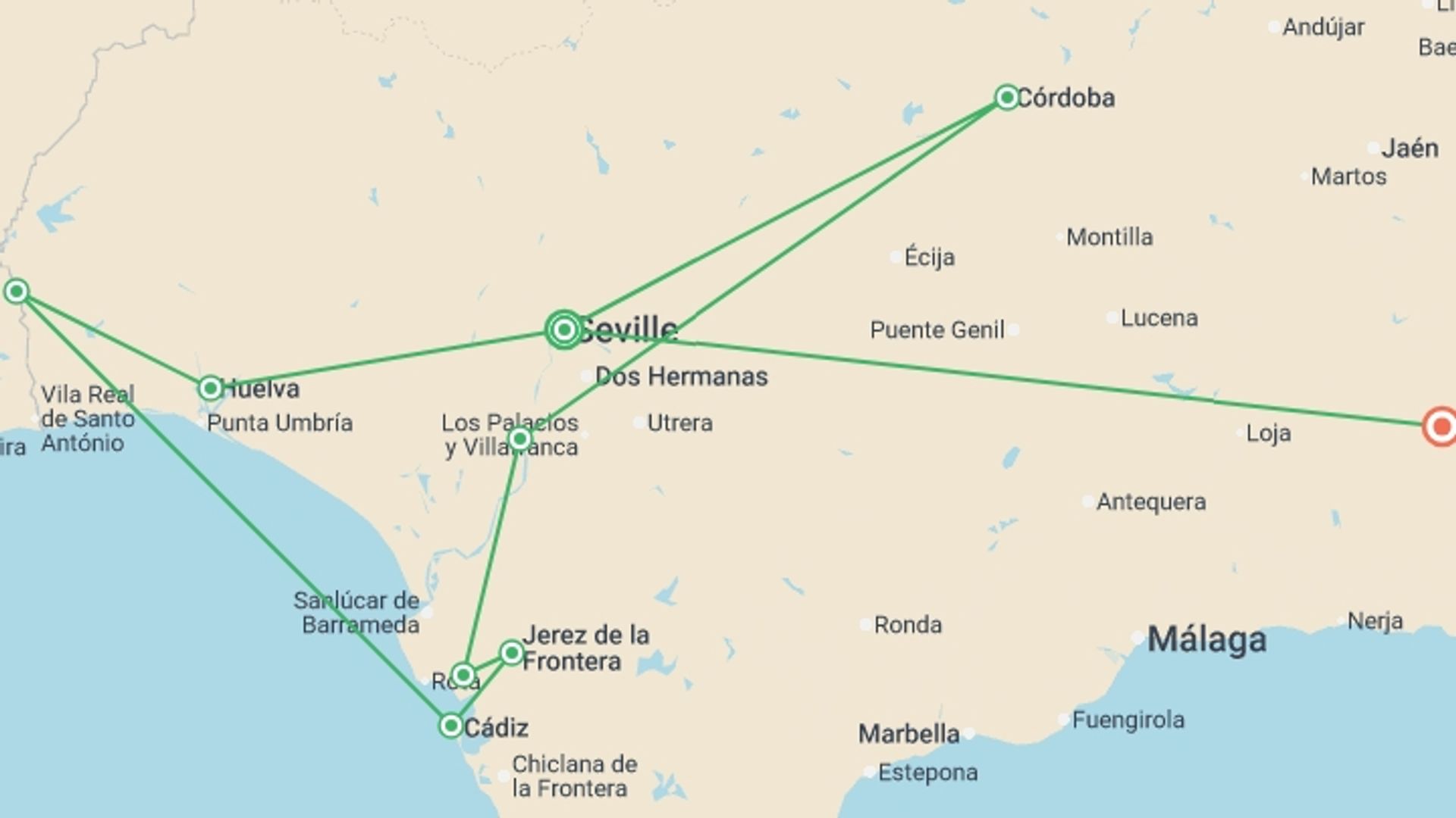 A map showing the tour itinerary for the trip: Discover Andalusia in Seville, Follow the Footsteps of Columbus in Huelva, and Fall Under the Spell of Cádiz (port-to-port cruise), starting in Seville, Spain and ending in Granada, Spain going through 4 other destinations.