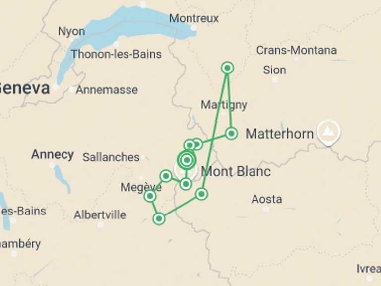 Map of Italy Tour with 6 destination visits for the trip: Hike the Tour du Mont Blanc