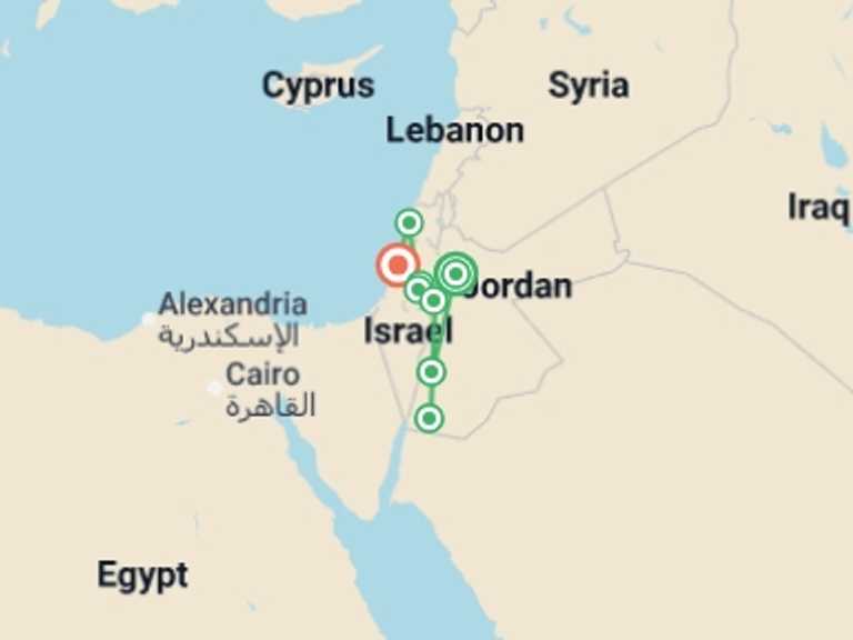 Map itinerary of Mediterranean Tour in May 2026 with 8 destination visits for the trip: Road to Jerusalem - 11 days