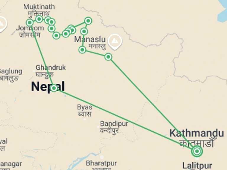 Map of Kathmandu Mountains Tour with 16 destination visits for the trip: Nar Phu Valley & Thorong La Pass Trek