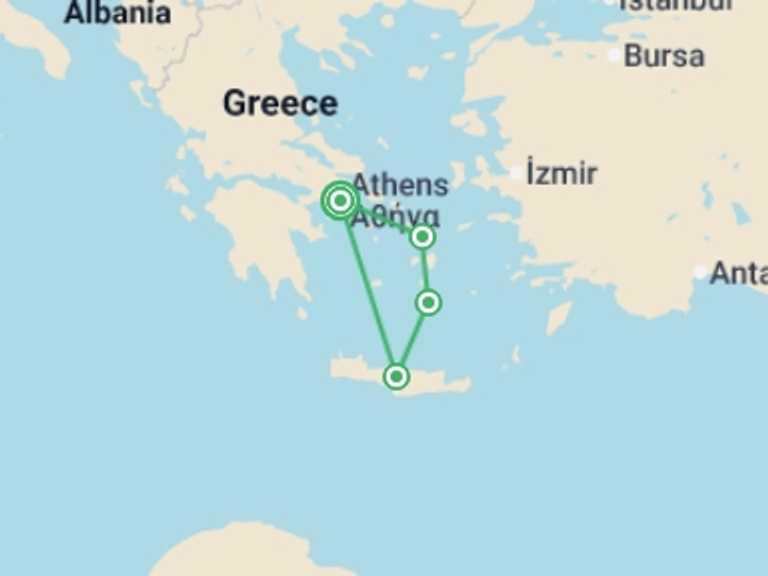 Map itinerary of Santorini Tour in June 2026 with 4 destination visits for the trip: Greek Isles Adventure with Crete