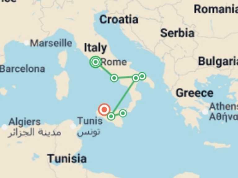 Map itinerary of Europe Tour in July 2026 with 8 destination visits for the trip: Country Roads of Southern Italy and Sicily