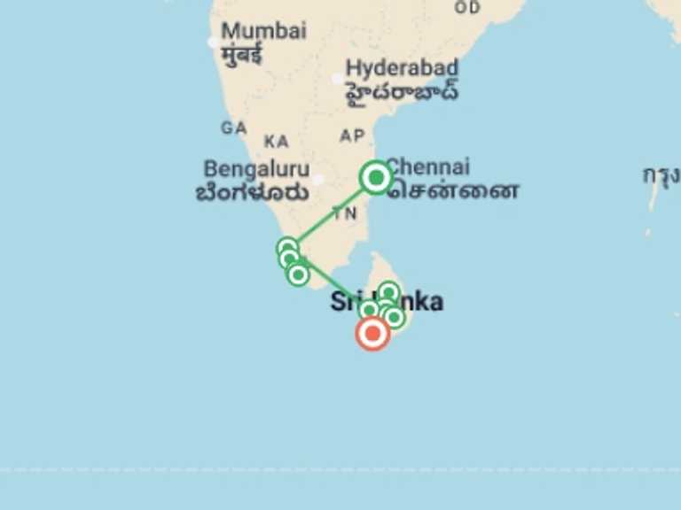 Map itinerary of Asia Tour in March 2027 with 12 destination visits for the trip: Discover Kerala & Sri Lanka: Islands & Ruins