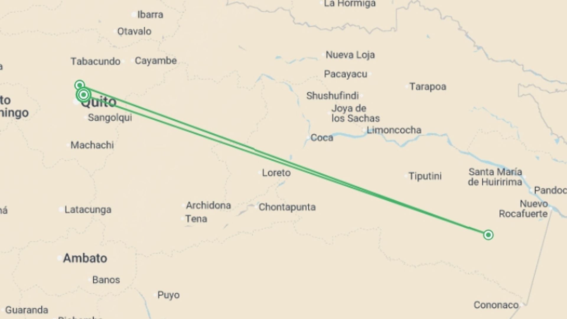 A map showing the tour itinerary for the trip: Ecuador Amazon Adventure - 6 days, starting in Quito, Ecuador and ending in Quito, Ecuador going through 2 other destinations.