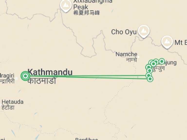 Map itinerary of Asia Tour in November 2026 with 9 destination visits for the trip: Everest Trails to Ama Dablam Base Camp