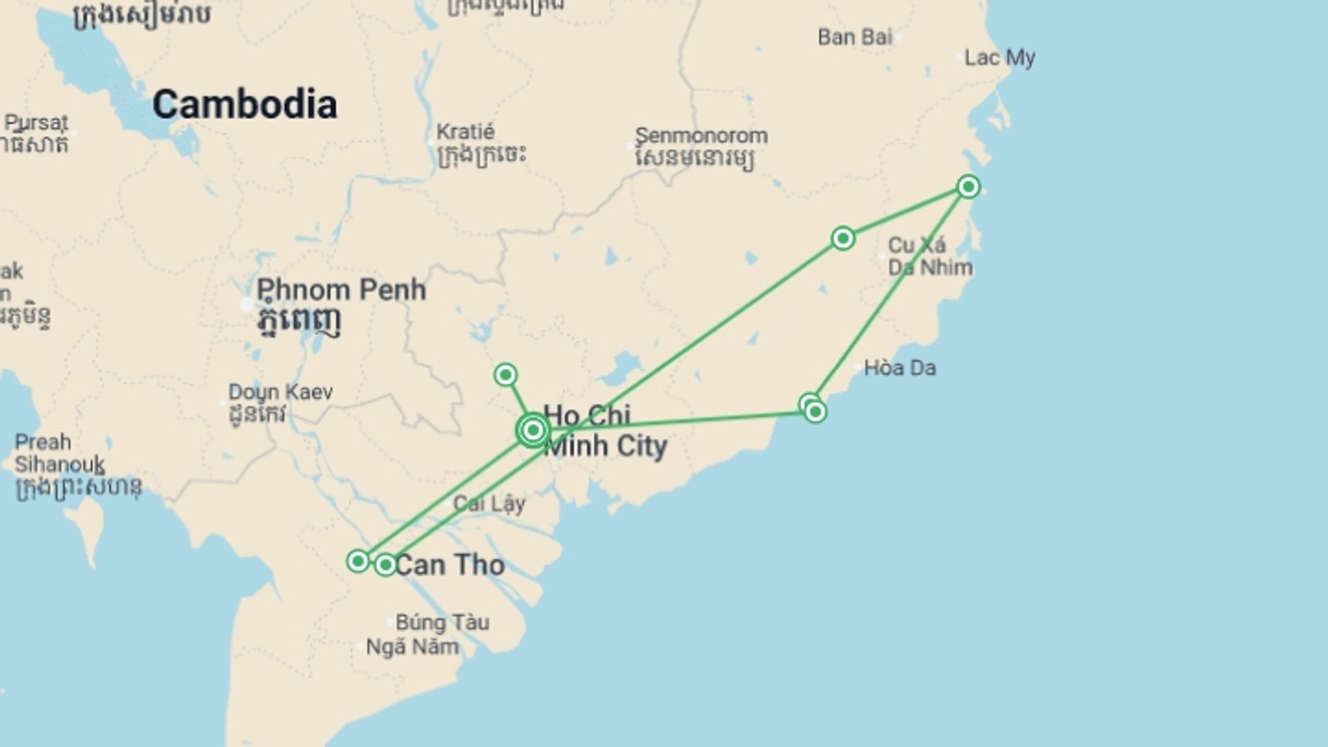 A map showing the tour itinerary for the trip: Highlights of South Vietnam - 11 days, starting in Ho Chi Minh City, Vietnam and ending in Ho Chi Minh City, Vietnam going through 5 other destinations.