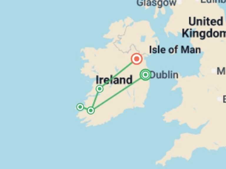 Map itinerary of Europe Tour in Fall with 4 destination visits for the trip: Irish Splendor 