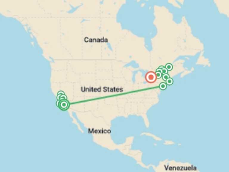 Map of North America Tour with 9 destination visits for the trip: Usa and Canada Panorama