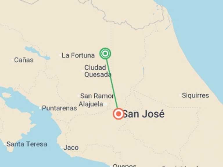 Map of a Beach, romance, getaways and relaxation Tour with 2 destination visits for the trip: 3-day Sarapiqui With White River Rafting, Short Break