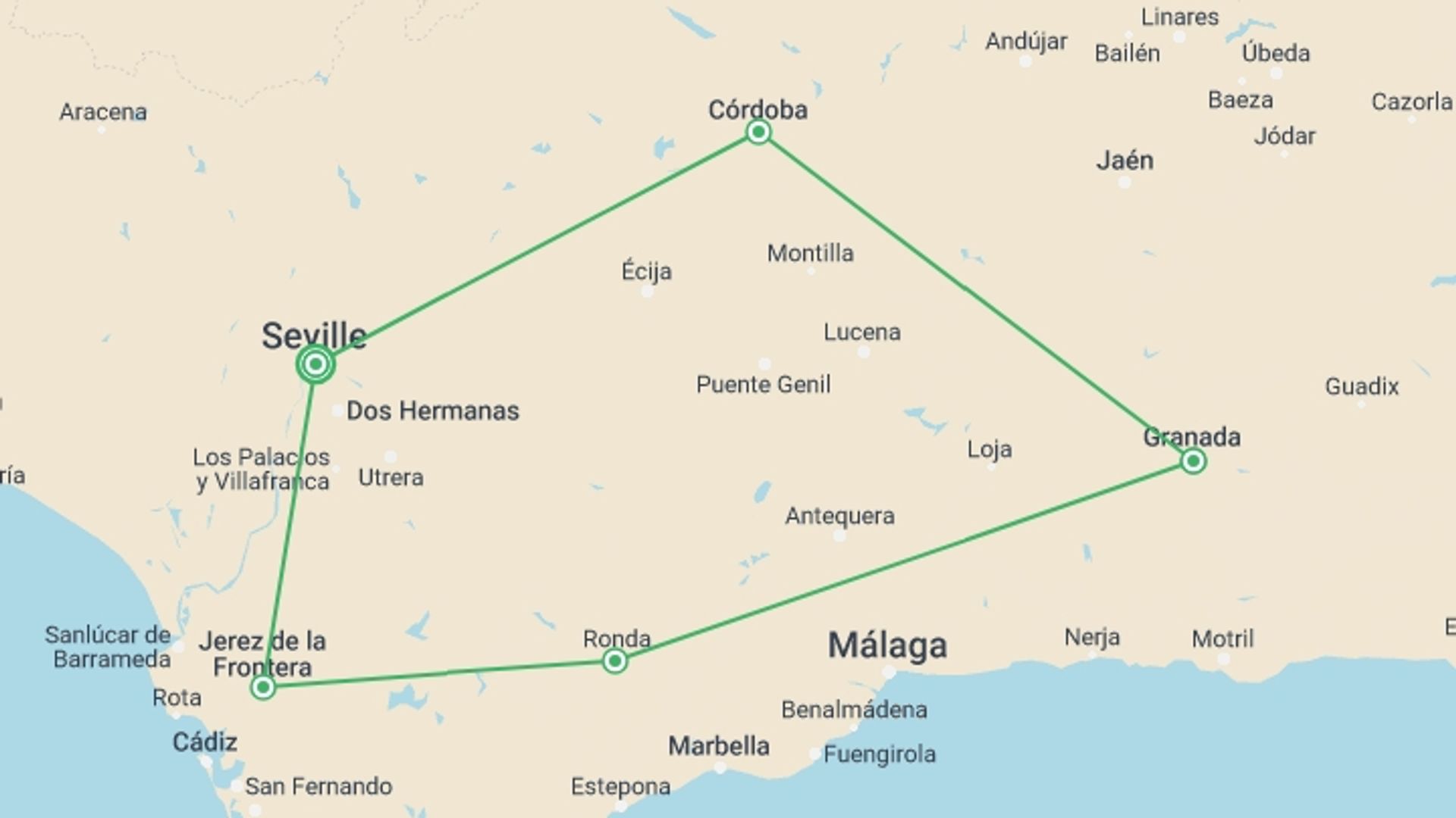 A map showing the tour itinerary for the trip: Down South, Self-drive, starting in Seville, Spain and ending in Seville, Spain going through 4 other destinations.