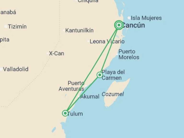 Map of Mexico Adventure Tour with 3 destination visits for the trip: Riviera Maya Adventure 6D/5N