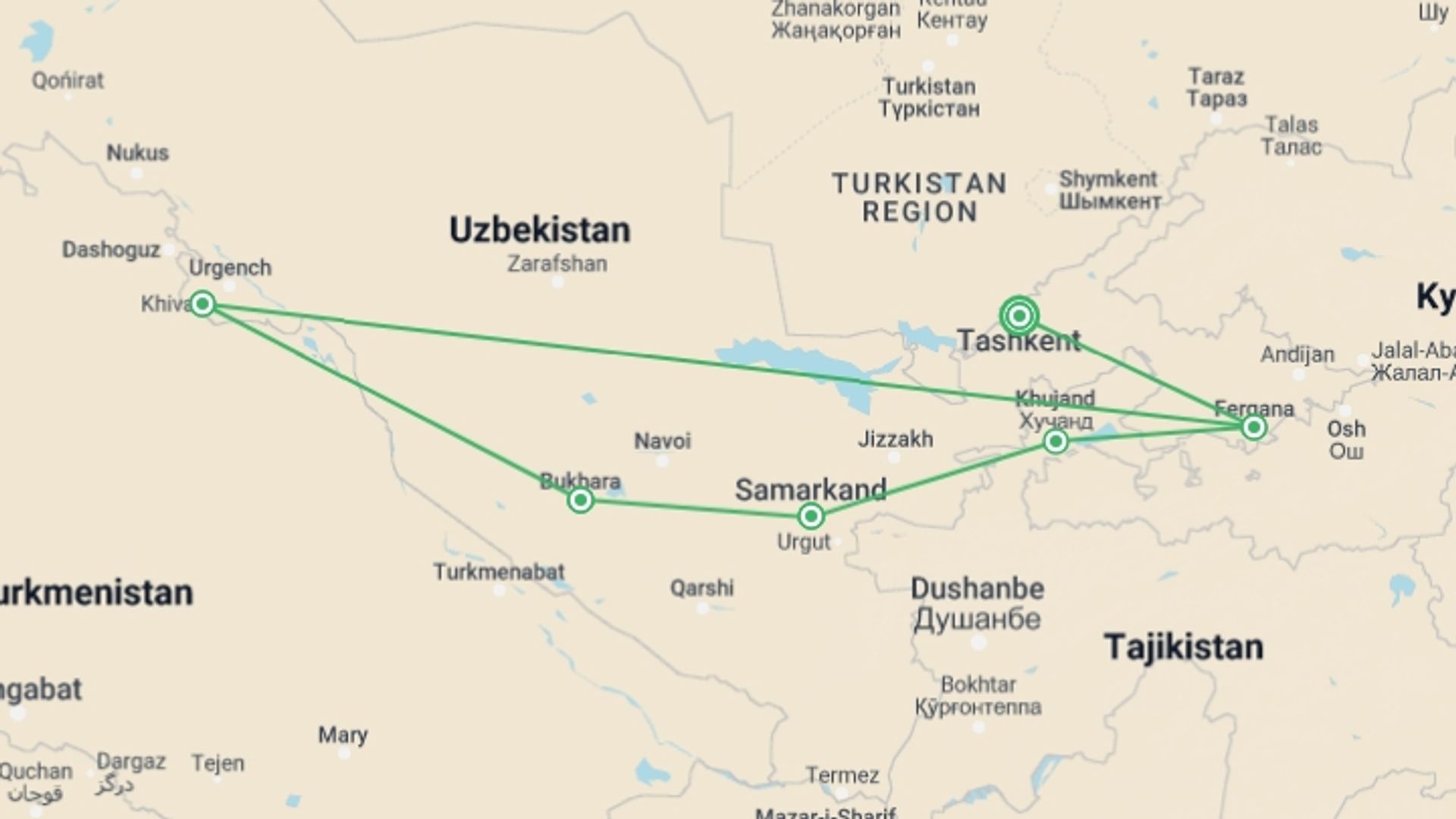 A map showing the tour itinerary for the trip: Tamerlane's Empire, starting in Tashkent, Uzbekistan and ending in Tashkent, Uzbekistan going through 5 other destinations.