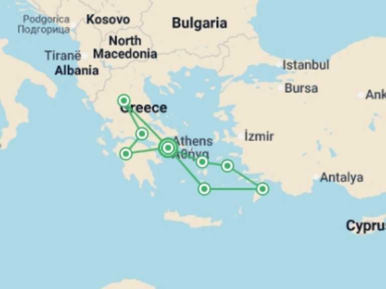 Map of Europe Tour with 8 destination visits for the trip: Classical Greece & the Aegean Isles - 12 days