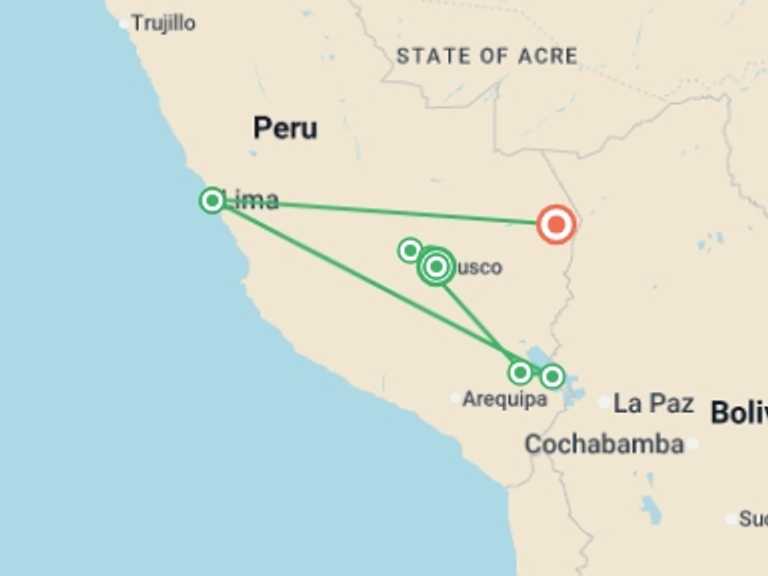 Map of South America Tour with 6 destination visits for the trip: Highlights of Peru