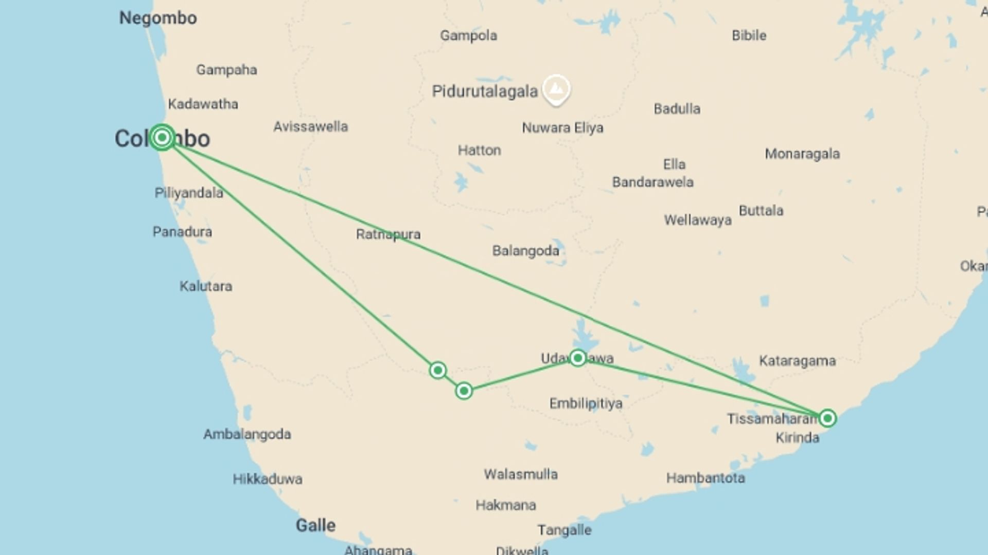 A map showing the tour itinerary for the trip: Leopards And Endemic Birds Of Sri Lanka, starting in Colombo, Sri Lanka and ending in Colombo, Sri Lanka going through 4 other destinations.