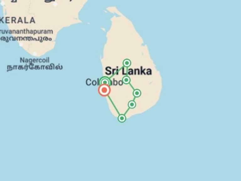 Map of Sri Lanka Tour with 7 destination visits for the trip: Sri Lanka Family Holiday
