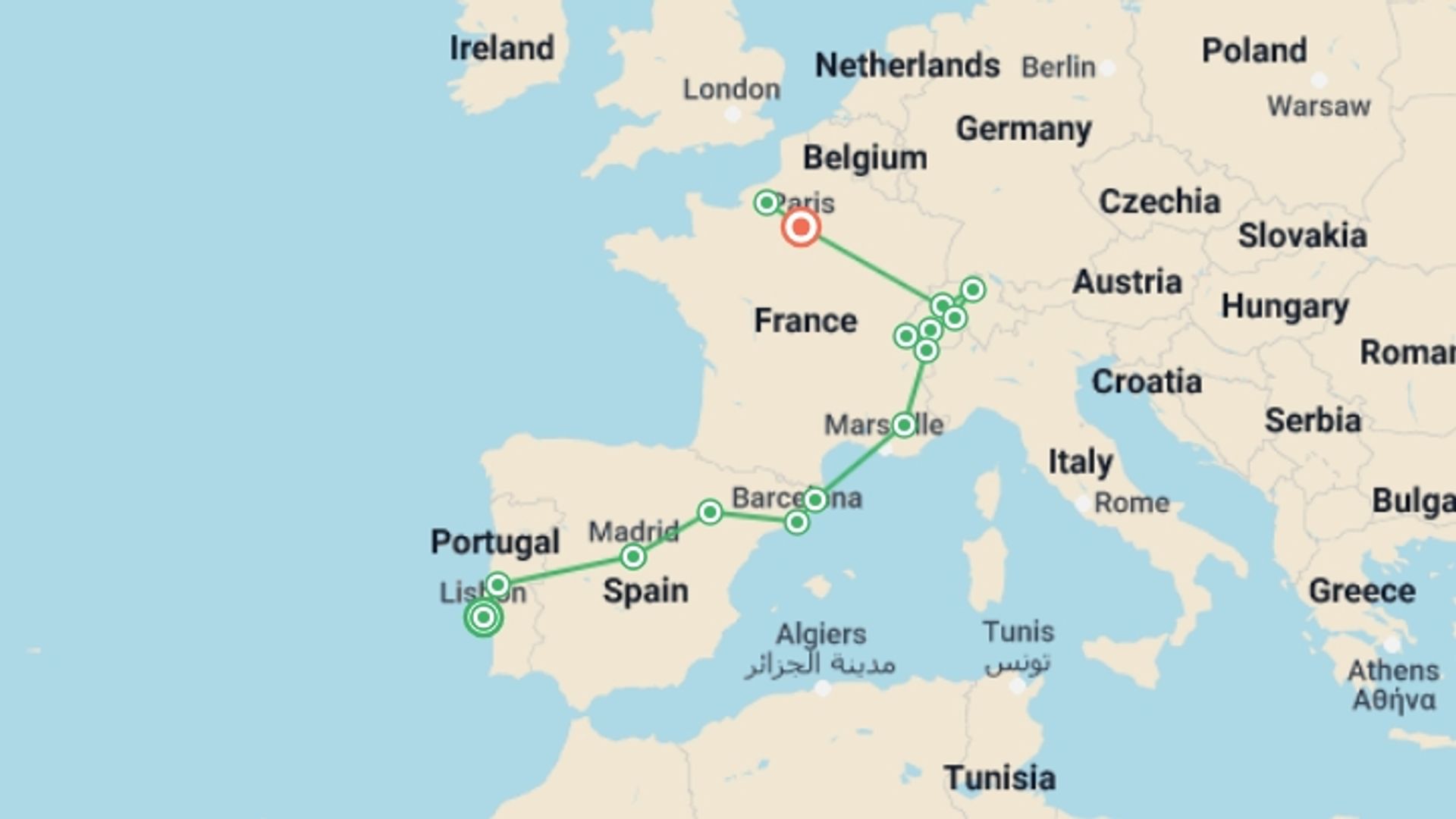 A map showing the tour itinerary for the trip: Essential Portugal, Spain, Switzerland and France, starting in Lisbon, Portugal and ending in Paris, France going through 7 other destinations.