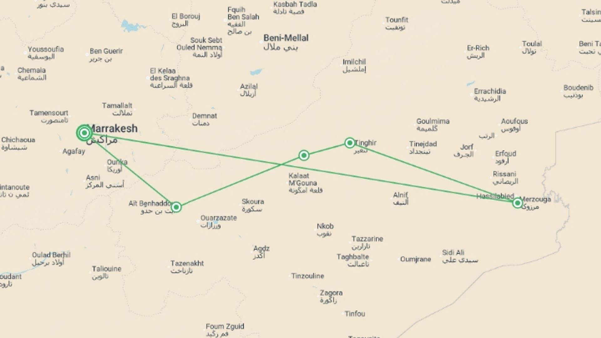 A map showing the tour itinerary for the trip: Morocco Desert & Gorges Adventure 5D/4N, starting in Marrakech, Morocco and ending in Marrakech, Morocco going through 2 other destinations.