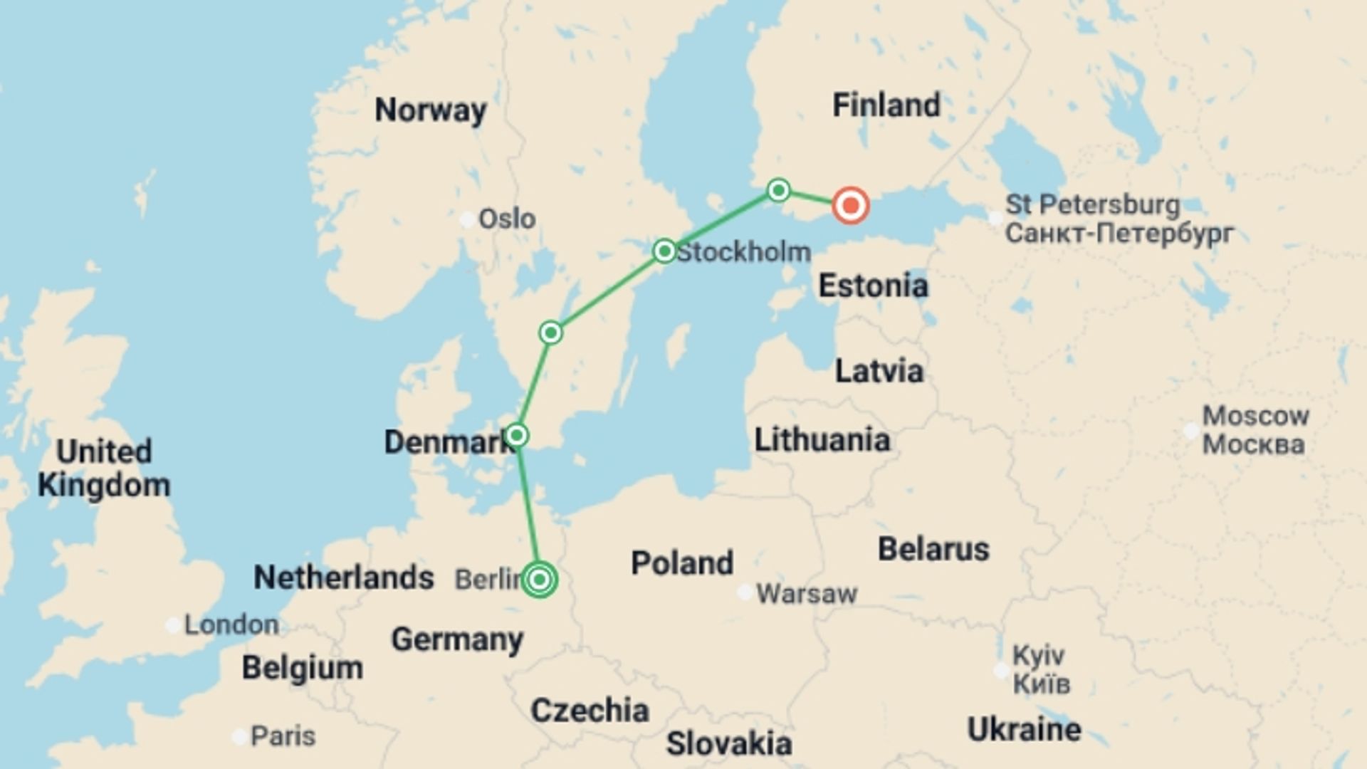 A map showing the tour itinerary for the trip: Solo Lite Iconic Northern Capitals, starting in Berlin, Germany and ending in Helsinki, Finland going through 5 other destinations.