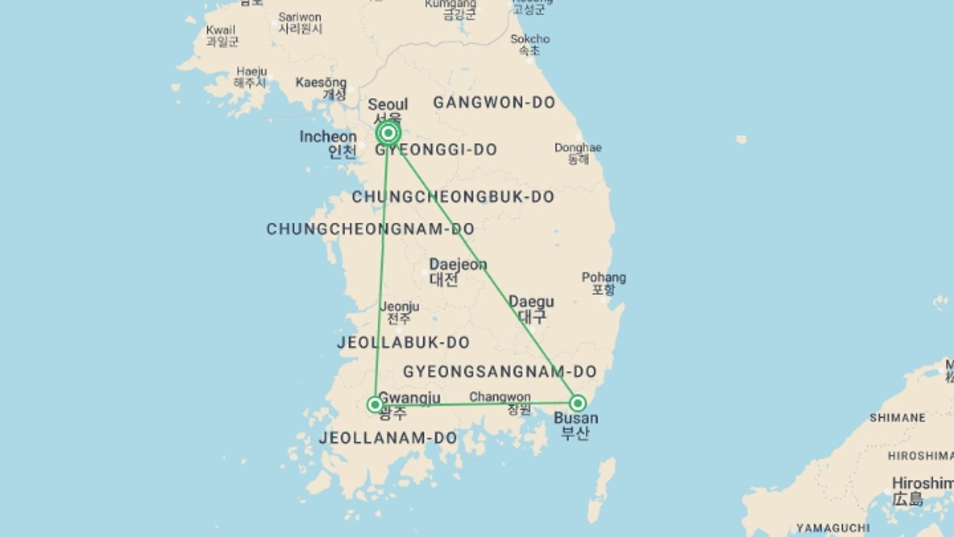 A map showing the tour itinerary for the trip: South Korea, K-Pop & Kimchi - 9 days, starting in Seoul, South Korea and ending in Seoul, South Korea going through 2 other destinations.