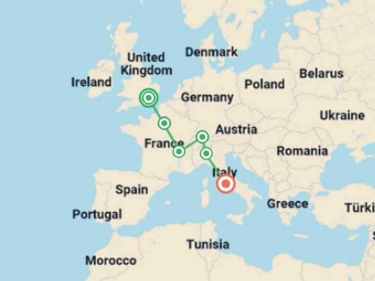 Map of Europe Tour with 6 destination visits for the trip: Spectacular Europe End Rome