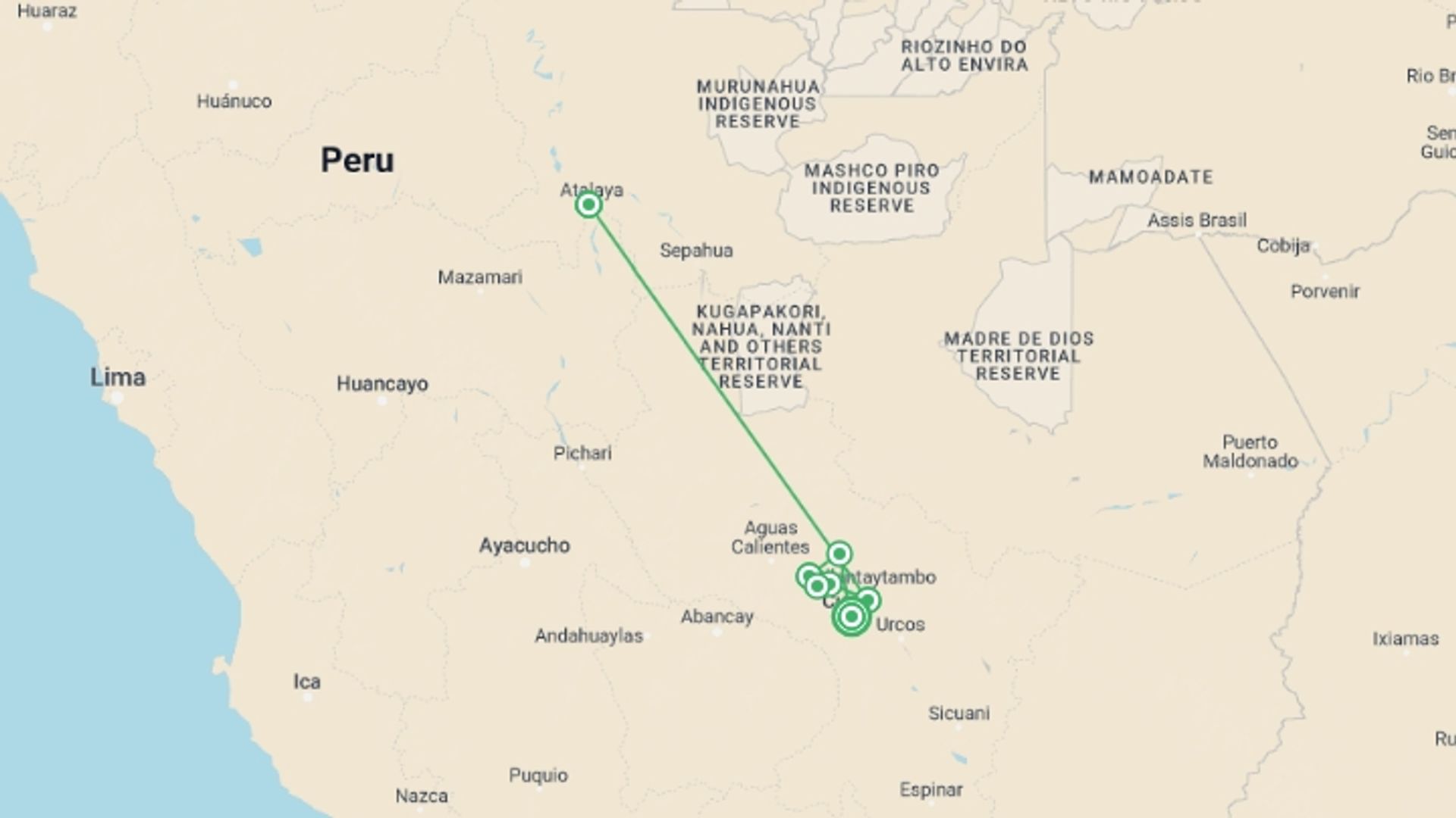 A map showing the tour itinerary for the trip: Biking Peru From The Andes To The Amazon, starting in Cusco, Peru and ending in Cusco, Peru going through 3 other destinations.