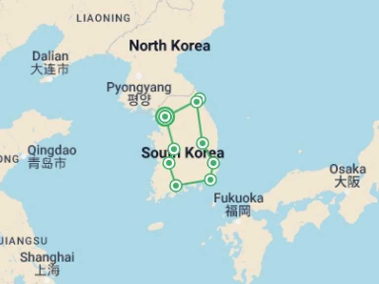 Map itinerary of South Korea Tour in Spring with 9 destination visits for the trip: Premium South Korea Small Group Tour