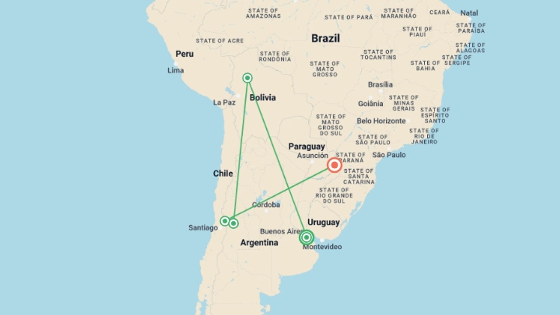 A map showing the tour itinerary for the trip: Buenos Aires, Mendoza & Iguazu Falls: 9 Nights, starting in Buenos Aires, Argentina and ending in Iguazu Falls, Argentina going through 3 other destinations.