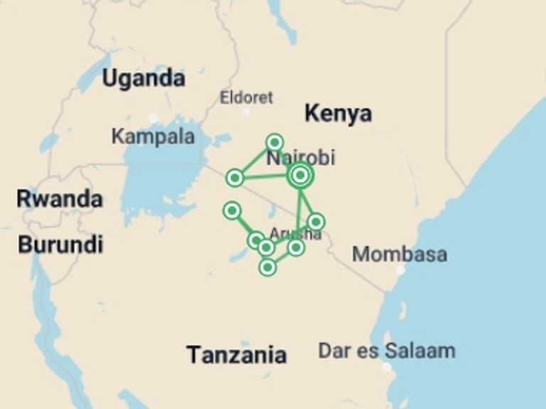 Map of 13-Day Nairobi Tour with 8 destination visits for the trip: East African Explorer, Keekorok And Serena Lodges (multi Country)