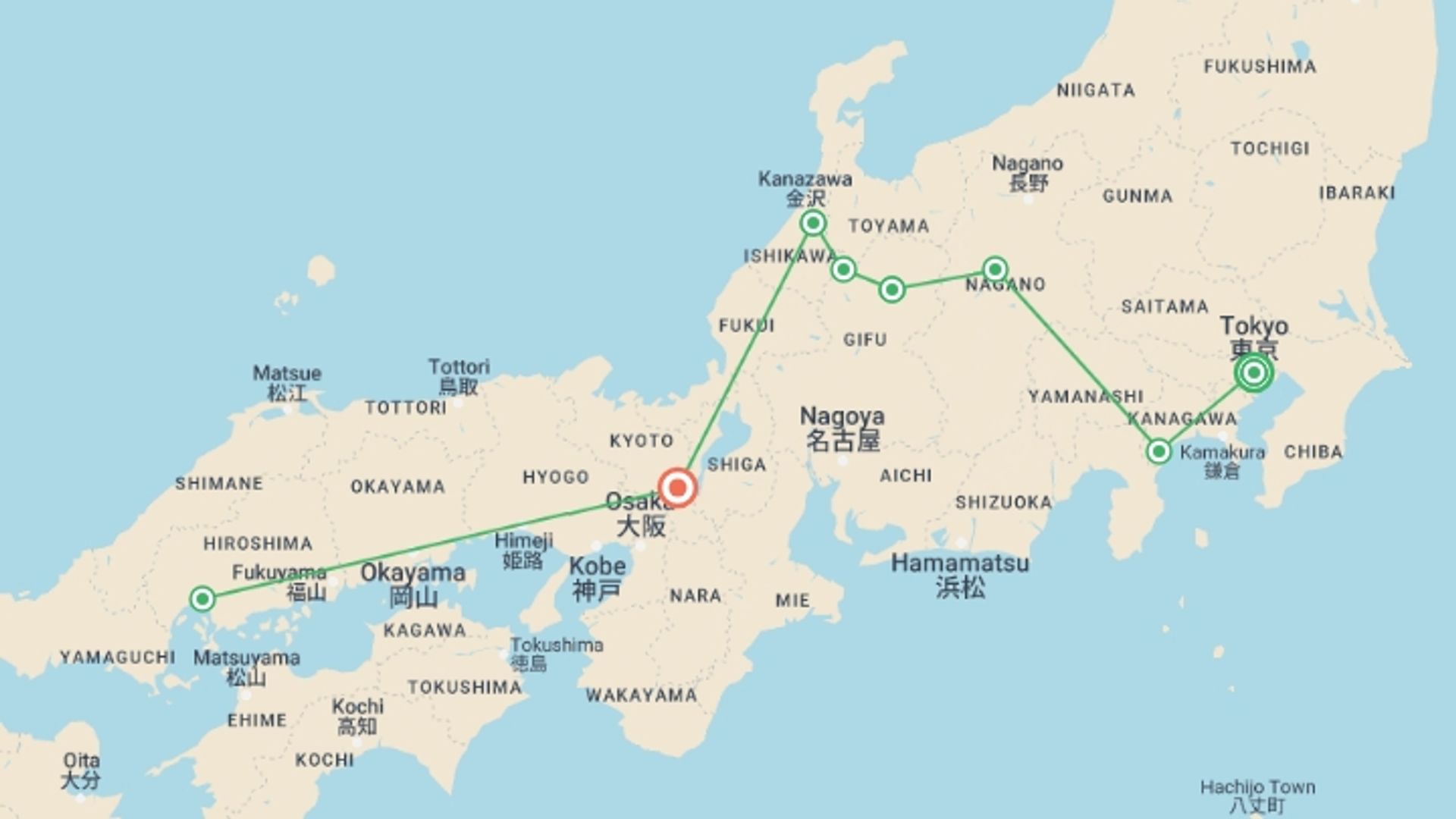 A map showing the tour itinerary for the trip: Cultural Treasures of Japan , starting in Tokyo, Japan and ending in Kyoto, Japan going through 0 other destinations.