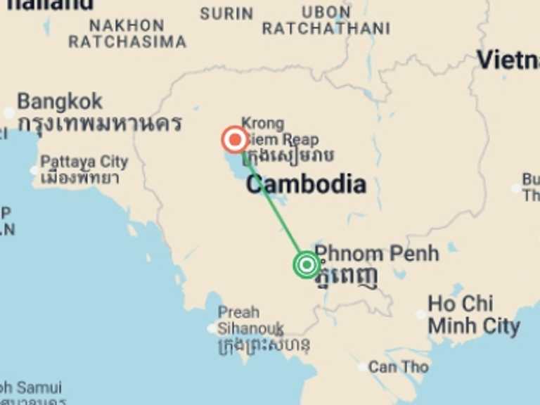 Map itinerary of Cambodia Tour in July 2027 with 2 destination visits for the trip: Classic Cambodia
