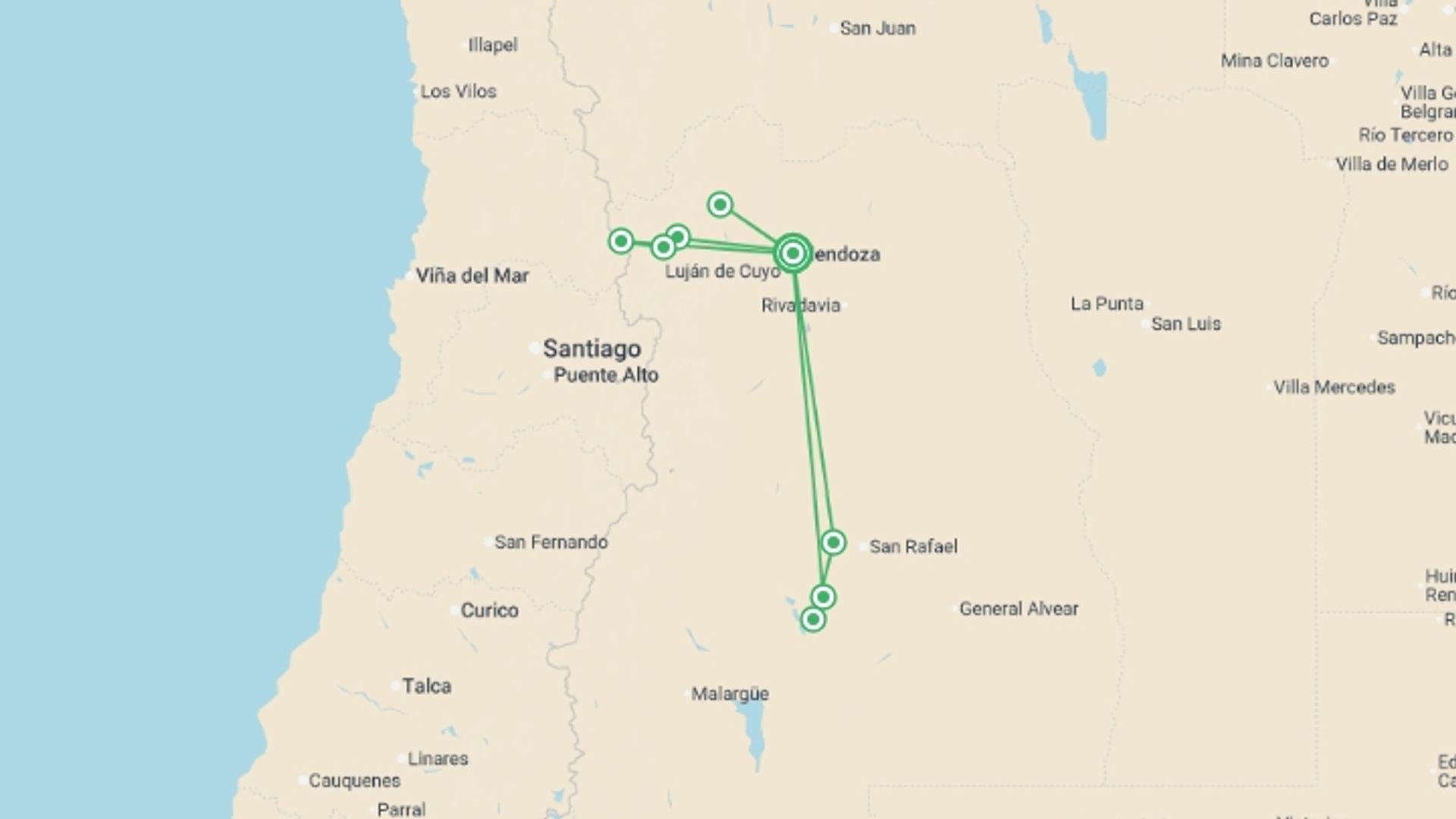 A map showing the tour itinerary for the trip: 4-Day Mendoza Tour, starting in Mendoza, Argentina and ending in Mendoza, Argentina going through 0 other destinations.