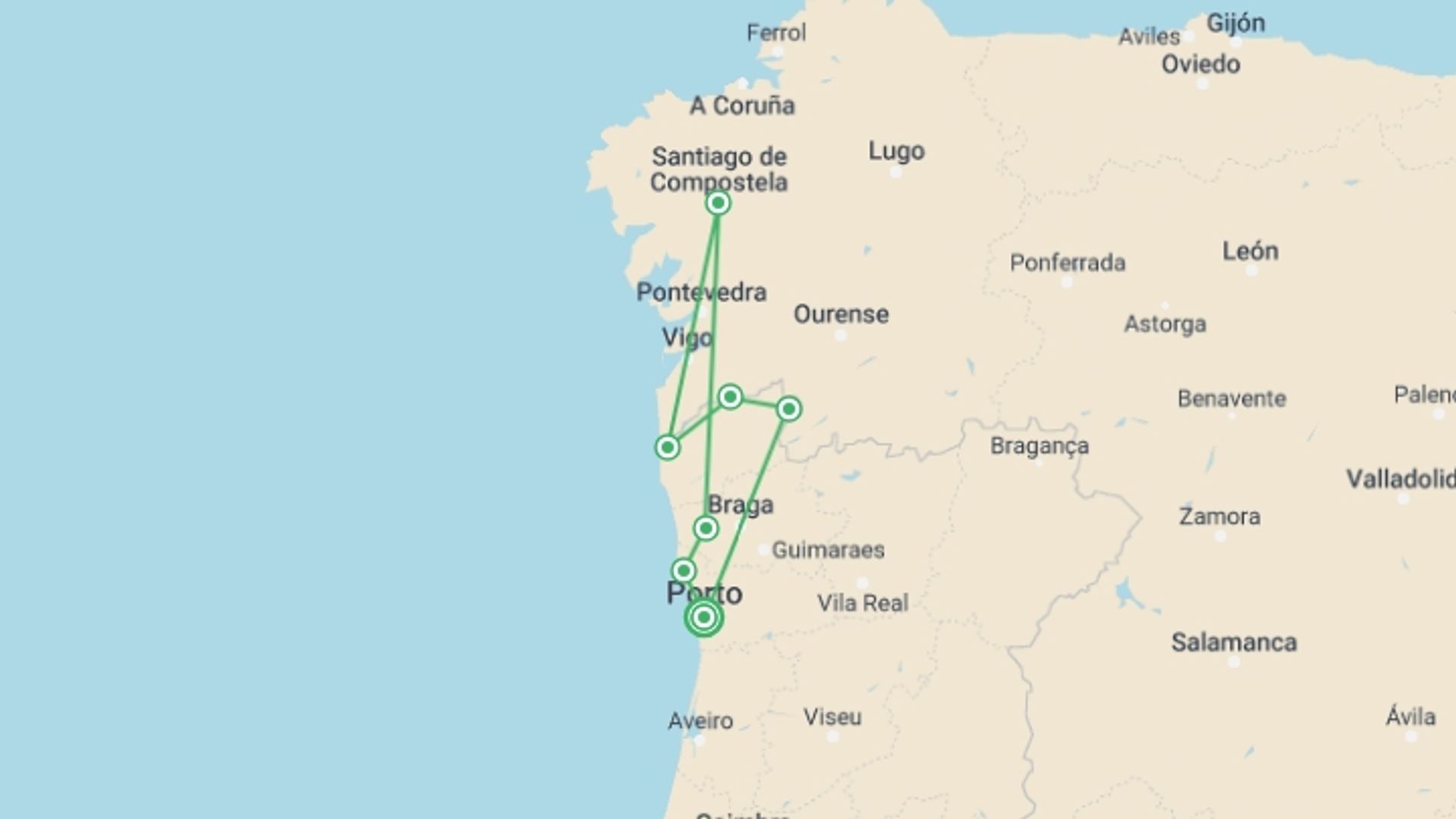 A map showing the tour itinerary for the trip: Minho and Porto - Bike Tour, starting in Porto, Portugal and ending in Porto, Portugal going through 6 other destinations.