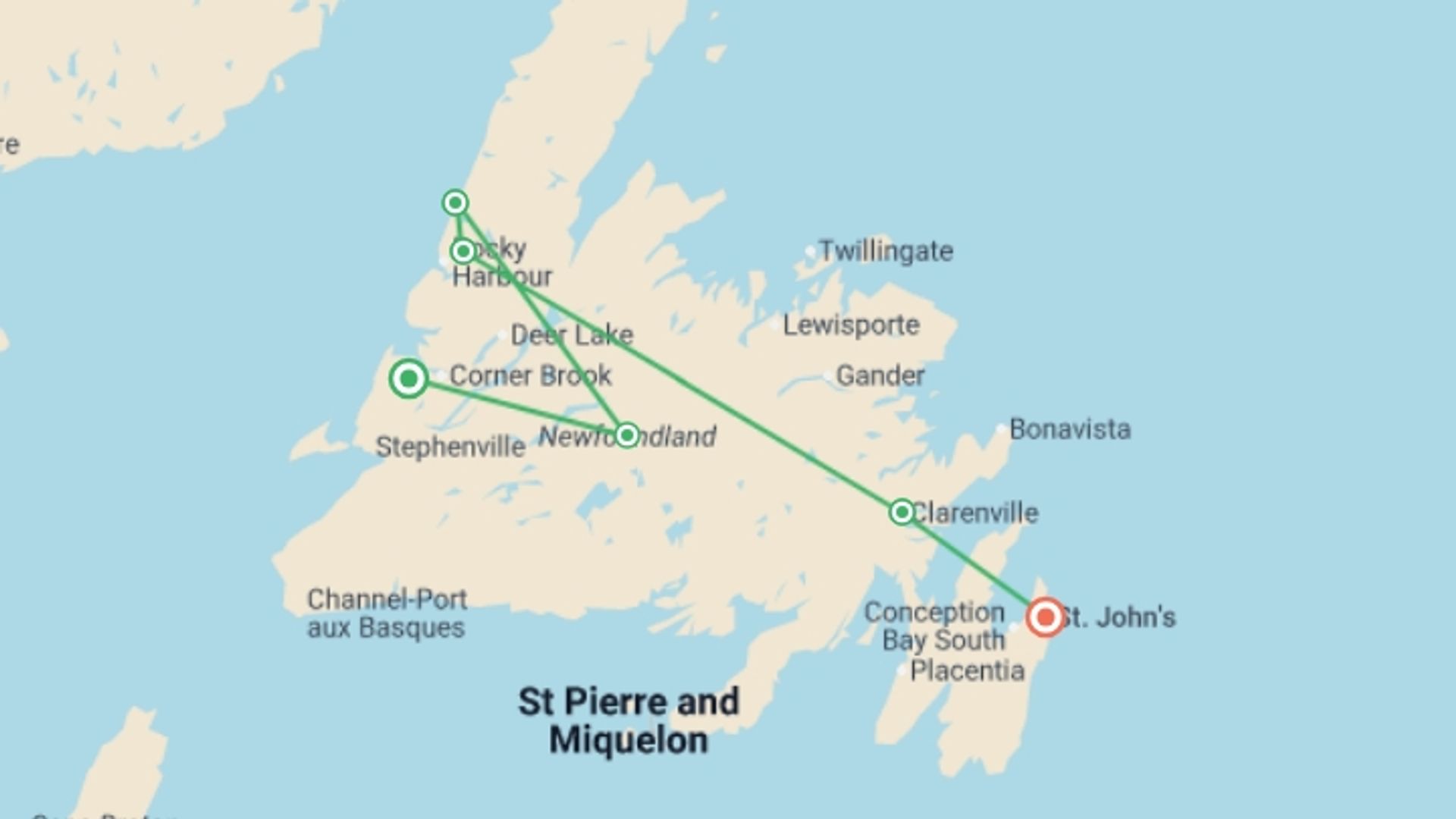 A map showing the tour itinerary for the trip: Newfoundland Discovery - 9 days, starting in Corner Brook, Canada and ending in St. John's, Canada going through 5 other destinations.