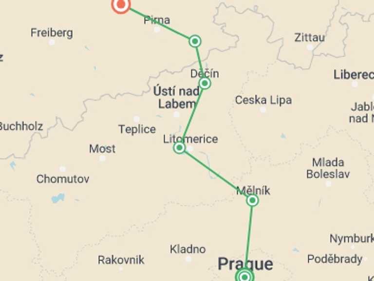 Map of 7-Day Prague Tour with 6 destination visits for the trip: Prague to Dresden Guided Cycle