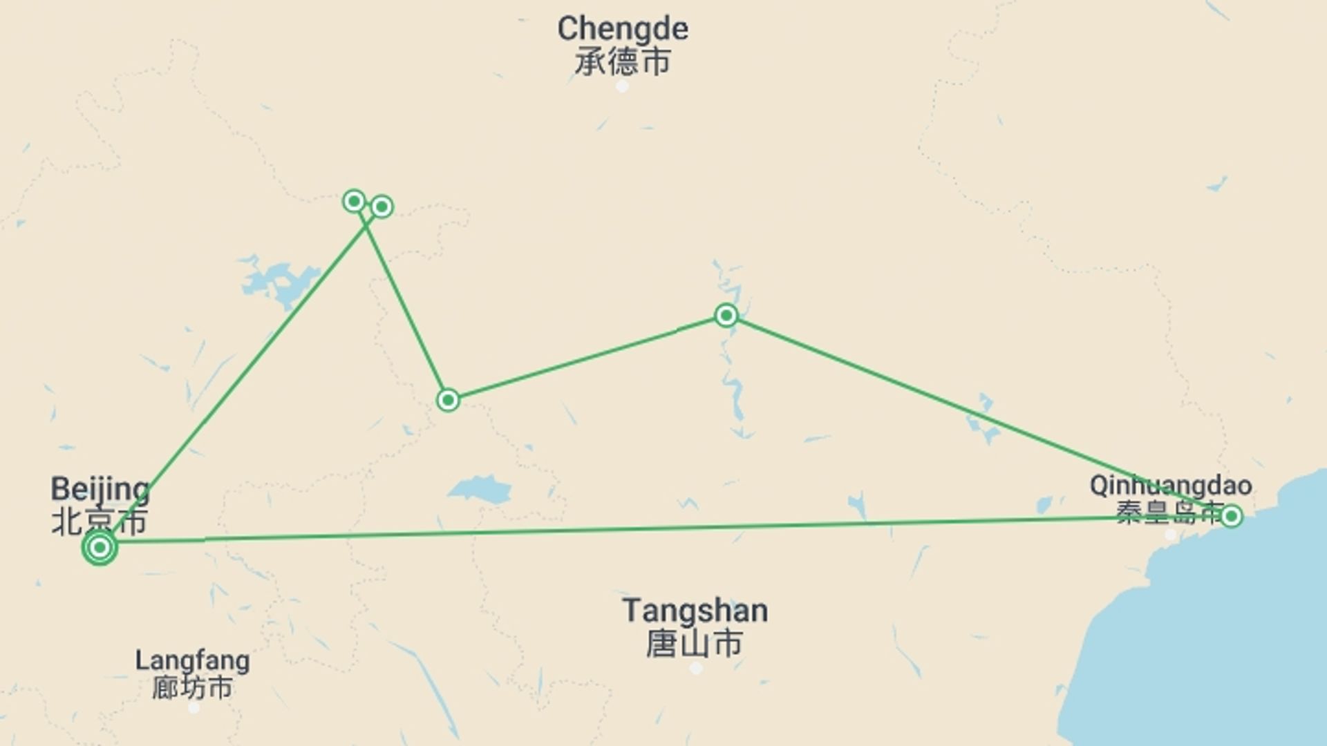 A map showing the tour itinerary for the trip: Walk the Great Wall of China, starting in Beijing, China and ending in Beijing, China going through 6 other destinations.