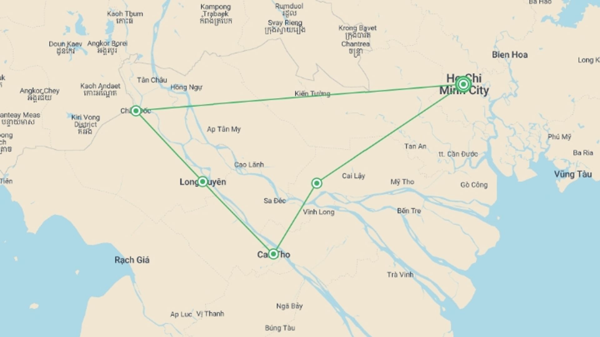 A map showing the tour itinerary for the trip: Cycling the Mekong Delta - 7 days, starting in Ho Chi Minh City, Vietnam and ending in Ho Chi Minh City, Vietnam going through 4 other destinations.