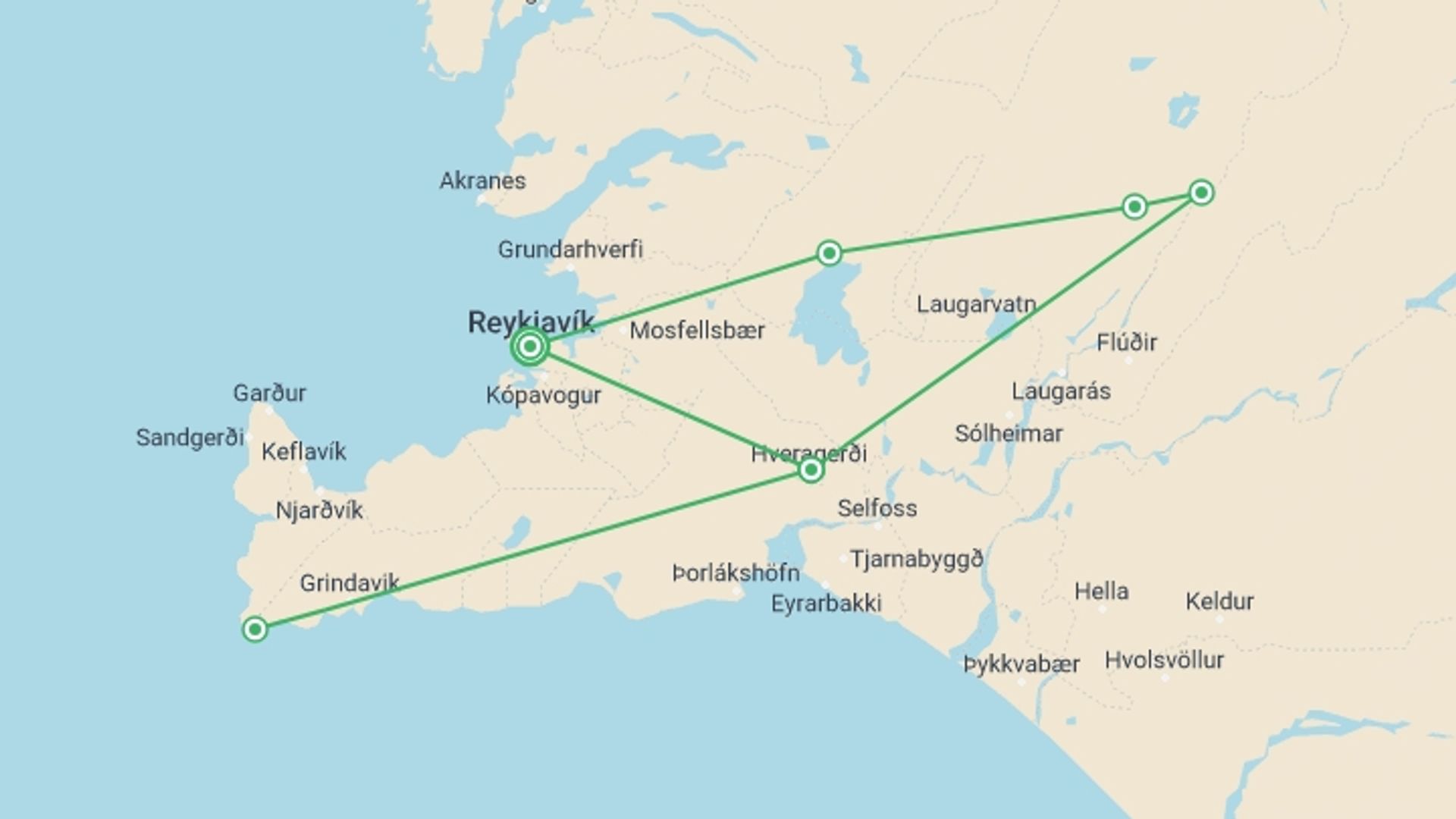 A map showing the tour itinerary for the trip: Wellness Iceland, starting in Reykjavik, Iceland and ending in Reykjavik, Iceland going through 1 other destinations.