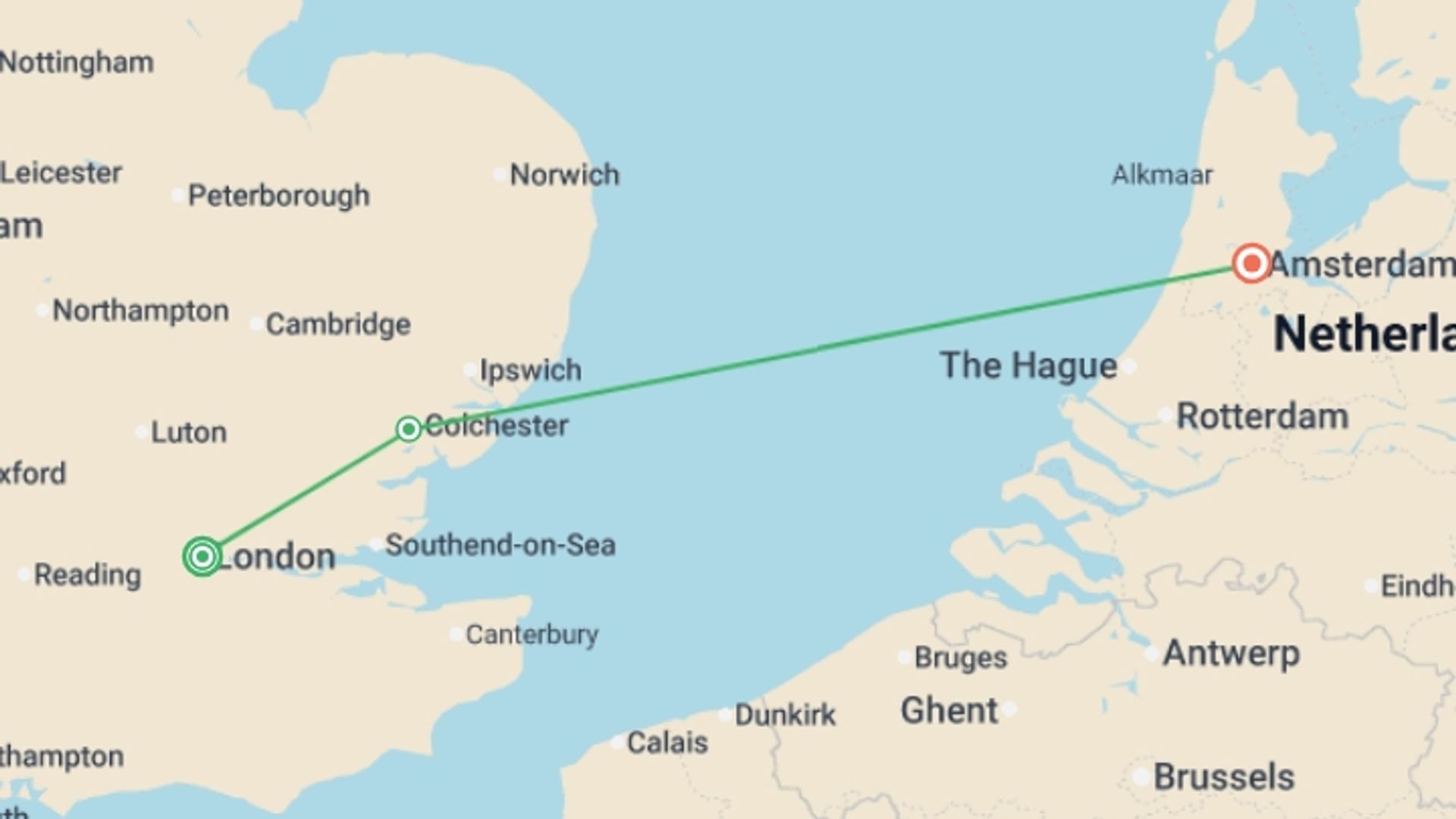 A map showing the tour itinerary for the trip: London and Amsterdam GO, starting in London, England and ending in Amsterdam, Holland going through 1 other destinations.