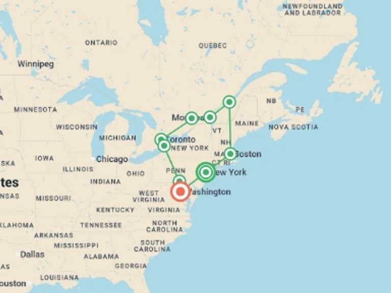 Map itinerary of Niagara Falls Tour in July 2026 with 8 destination visits for the trip: Discover Eastern US and Canada