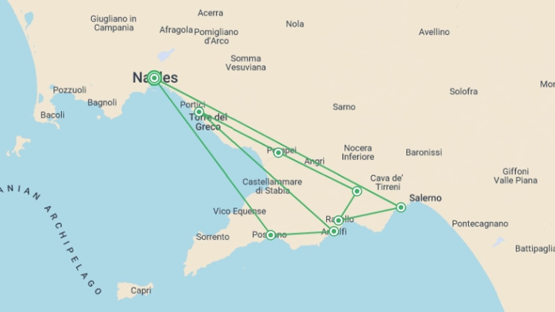 A map showing the tour itinerary for the trip: Amalfi Coast Walking - Coastal Hotel, starting in Naples, Italy and ending in Naples, Italy going through 0 other destinations.
