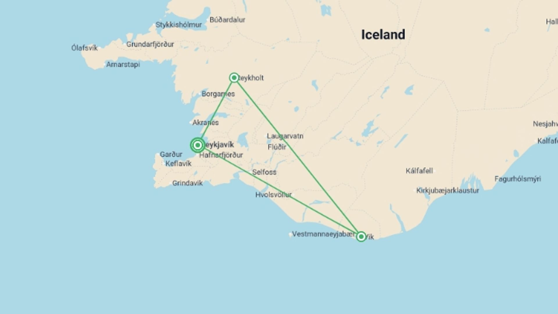 A map showing the tour itinerary for the trip: Iceland’s Midnight Sun: Glaciers, Geysers, and the Golden Circle , starting in Reykjavik, Iceland and ending in Reykjavik, Iceland going through 2 other destinations.