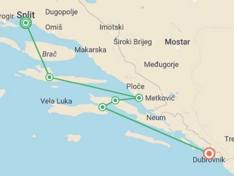 Map of Split Cruise Tour with 6 destination visits for the trip: Croatian Coastal Cruising - Split to Dubrovnik (Aurora)