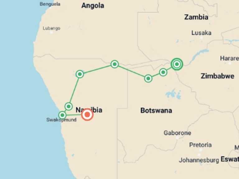 Map itinerary of Windhoek Tour in Spring with 8 destination visits for the trip: Chobe, Okavango & Etosha - 14 days
