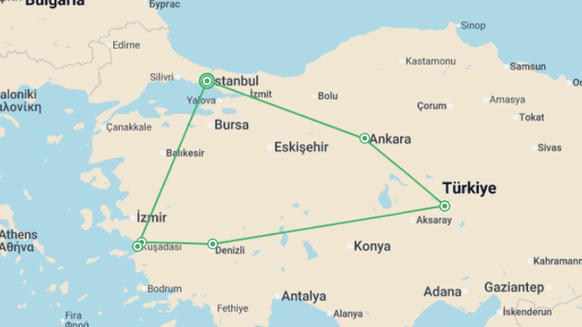 A map showing the tour itinerary for the trip: Turkey For Everyone, Spanish-speaking Guide, starting in Istanbul, Turkey and ending in Istanbul, Turkey going through 4 other destinations.