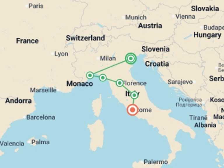 Map itinerary of Mediterranean Tour in August 2027 with 6 destination visits for the trip: Italy Experience