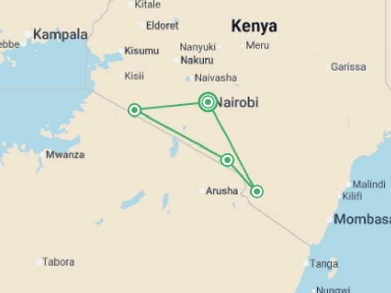 Map itinerary of Tsavo West National Park Tour in Winter with 4 destination visits for the trip: Safari Dream Adventure 6D/5N (Masai Mara, Amboseli & Tsavo)